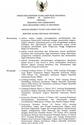 PMA Nomor 38 Tahun 2015 tentang Beasiswa Bagi Mahasiswa Asing